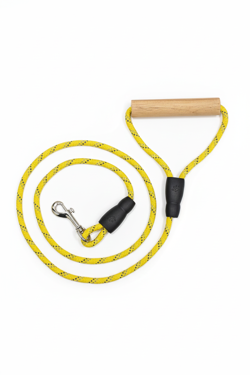 Teak Wood Surfboard Handle Rope Leash For Dog - Yellow - 5 ft