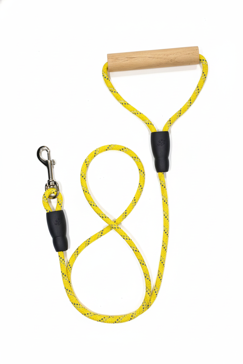 Teak Wood Surfboard Handle Rope Leash For Dog - Yellow - 5 ft